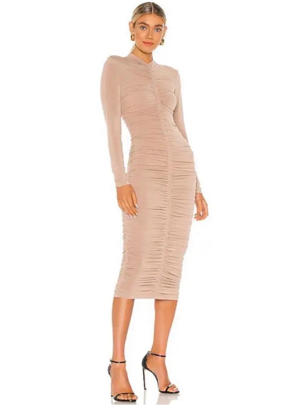 A.L.C. Ansel Ruched Long Sleeve Midi Dress in Neutral Buff Size Small.